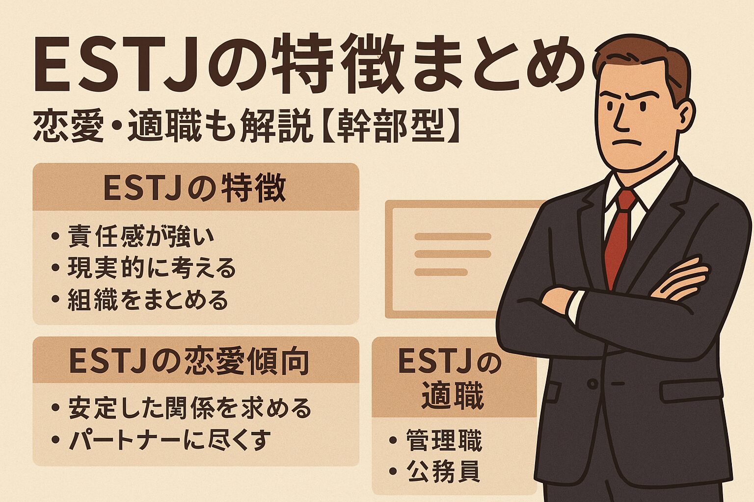 ESTJの特徴まとめ｜恋愛・適職も解説【幹部型】